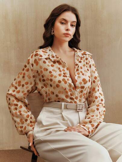 Anewsta Valentine New Elegant Women's Long Sleeve Turndown Collar Chiffon Vintage Polka Dot Digital Print Raglan Sleeve Blouse