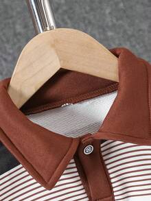 2pcs Young BoyFashion Striped Bear Print Polo Shirt And Casual Elastic Waist Pants Set, Spring/Autumn