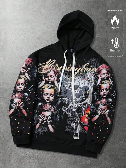 Street Life Unisex Angel Child English Graphic Print Hooded Sweatshirt, Street Style American,  Autumn/Winter