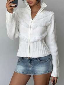 Jeanoix Women's Solid Color Patchwork Fuzzy Long Sleeve Zip-Up Cardigan, Autumn/Winter - Beige - View 5