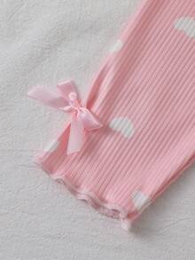 SHEIN Áo thun và quần in hình trái tim trang trí nơ cho bé gái trang phục thường ngày - Hồng - Xem 5