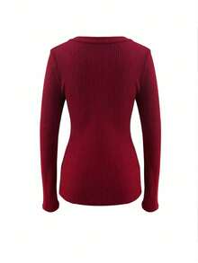 EMERY ROSE V-Neck Knit Fitted Long Sleeve Women's Solid Color Raglan Casual T-Shirt - Burgundy - View 2