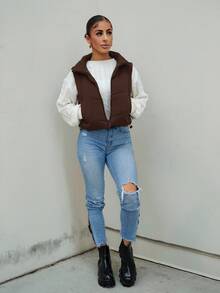 SAYEHFBABY Winter Zip Up Double Face Snap Button Corduroy Drawstring Vest Coat - Brown - View 4