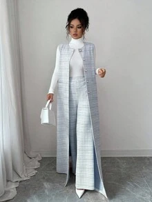 Elenzga 2件組女款藍白配色秋季優雅通勤套裝，針織長版開襟外套搭配直筒長褲，珍珠金屬鈕扣裝飾，日常穿著 - 藍色 - 查看 3