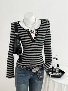 SHEIN Unity 女士优雅条纹长袖T恤，百搭休闲日常穿着，秋冬款 - 彩色 - 查看 1