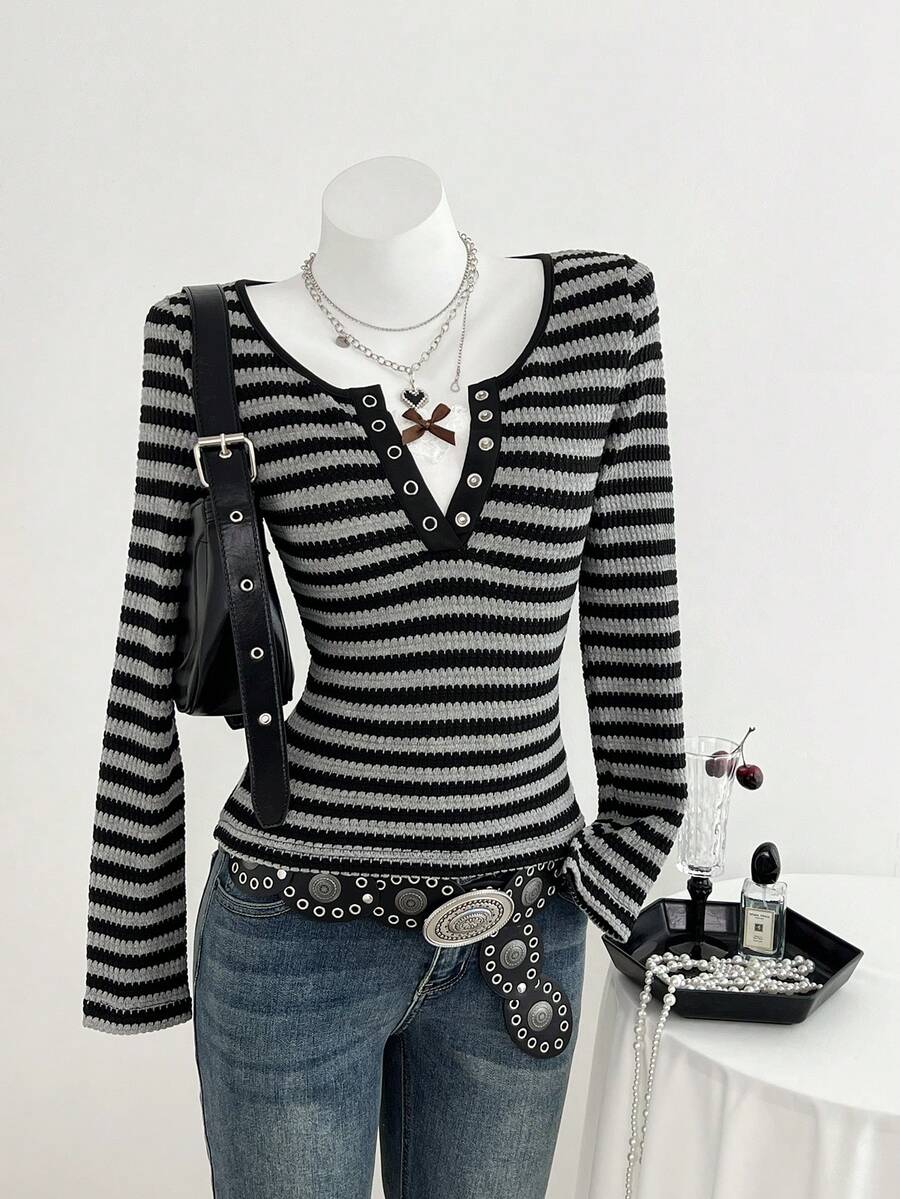 SHEIN Unity 女士优雅条纹长袖T恤，百搭休闲日常穿着，秋冬款 - 彩色 - 查看 1