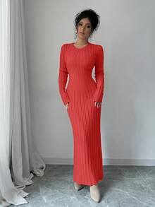 Rafferiza Váy len dệt kim màu trơn đơn giản, Thu/Đông - Đỏ - Xem 5