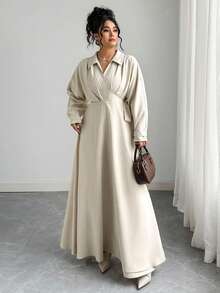 Elenzga 大码女士优雅V领荷叶袖收腰A字春秋连衣裙 - 杏色 - 查看 6