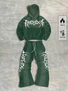 ROMWE MEN Street Life 男士字母印花哥特式连帽衫和运动裤套装，秋冬服装