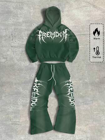 Street Life Men's Letter Print Gothic Hoodie And Sweatpants Set, Fall Winter Clothes