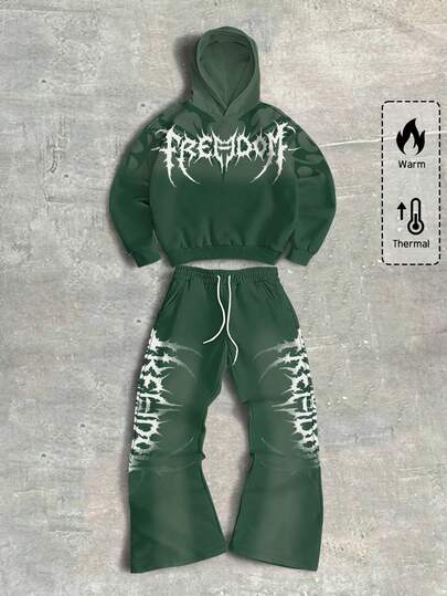 Street Life Men's Letter Print Gothic Hoodie And Sweatpants Set, Fall Winter Clothes