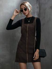 SHEIN LUNE فستان كاجوال بسحاب وجيب على الياقة، لون أحادي، للخريف - بني داكن - مشاهدة 3