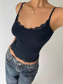 Aloruh 女士基本款休闲蕾丝边吊带背心 - 藏蓝色 - 查看 4