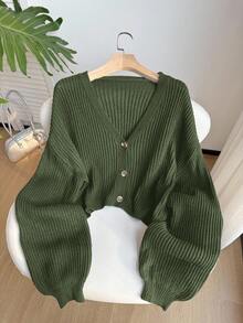 SHEIN EZwear Olive Green Plus Size Women Casual Drop Shoulder Long Sleeve Sweater, Autumn/Winter - Army Green - View 1