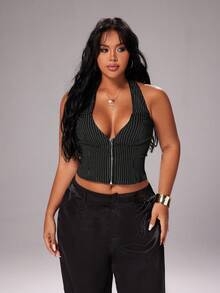 Rustia 女士吊带条纹拉链系带背心，适合日常穿着、夏季穿着，性感百变，Y2K风格，街头风，通勤族必备。 - 黑色 - 查看 6