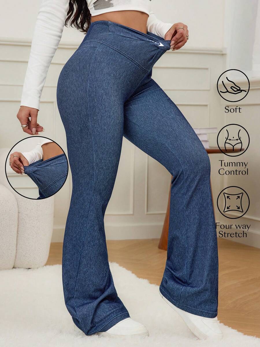 SHEIN Unity Women's High Neck Knotted Waist Casual Versatile Solid Color Jeans - Dark Wash - View 1