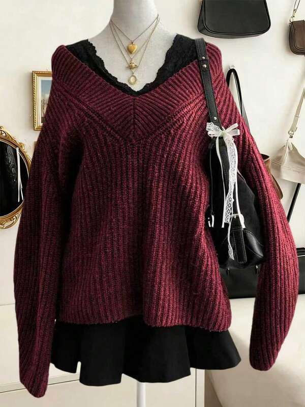 Lalippa Women's Casual Solid Color V-Neck Loose Knit Sweater, Autumn/Winter, Christmas