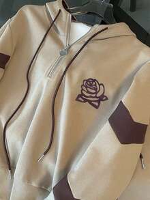 Franclia Regular Drop Shoulder Hooded Half-Zip Long Sleeve Sweatshirt + Casual Drawstring Ankle Pants - Khaki - View 6