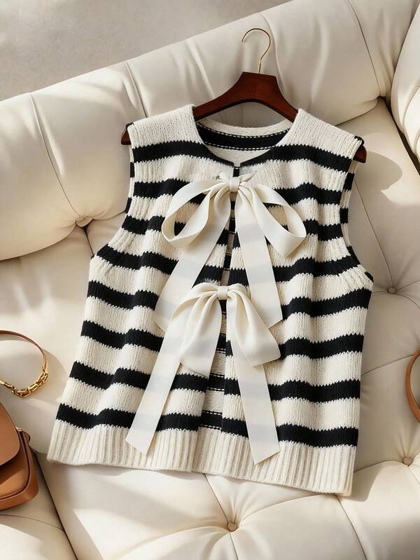 Franclia Damska kamizelka dzianinowa z kokardą w dużym rozmiarze, nowy wzór na jesień/zimę