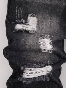 男童复古做旧黑色牛仔裤，街头休闲宽松版型，破洞设计，毛边裤脚，松紧腰带，五口袋设计，柔软棉质牛仔布，适合日常、派对、上学、通勤等场合，秋冬新品 - 黑色 - 查看 8