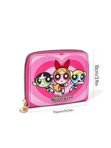 THE POWERPUFF GIRLS X SHEIN 1 Piece Cute Cartoon Character Printed Zipper Pu Leather Short Wallet, Organ Compartment, Card Storage, Suitable For Teenagers And Ladies, Blossom, Bubbles, Buttercup, Friendship, Love.,Gift Ideas - 粉色 - 查看 6