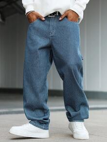 Manfinity Hypemode 男士休闲竖条纹多口袋牛仔裤，街头时尚 - 中等水洗藍 - 查看 8