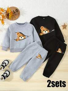 2pcs/Set Setelan Sweatshirt dan Celana Olahraga Kasual Anak Laki-laki dengan Motif Kartun Beruang dan Rantai, Nyaman dan Hangat untuk Musim Gugur & Musim Dingin - MultiWarna - View 3