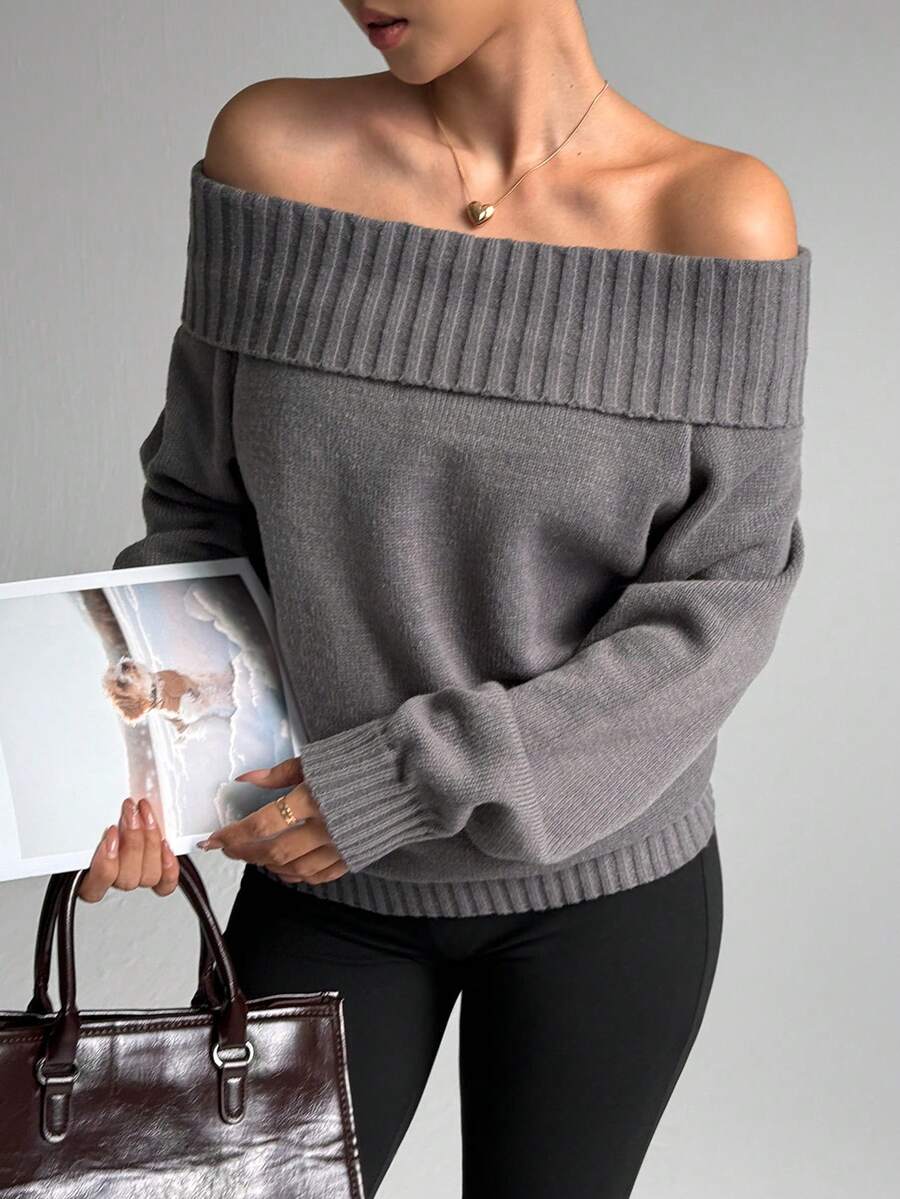 Dewbera Dewbera Women's Regular Fit Long Sleeve Off-Shoulder Sweater - Dark Grey - View 1
