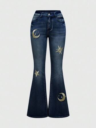 Hippie Women's Fashionable Retro Blue Belted Flare Leg Jeans