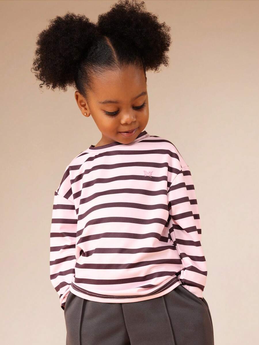 SUMWON Oversized Langarm Gestreiftes T-Shirt mit Rundhalsausschnitt für Kinder, Lässig Alltags Tragen Urlaub - Pink - Übersicht 1