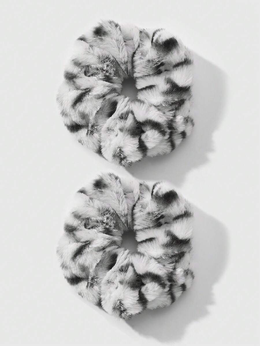 ROMWE Kawaii 2pcs Retro Chic Fashionable High-Quality Black & White Leopard Print Fluffy Scrunchies Set, Versatile Combo Suitable For Women, Daily Wear Or Gift