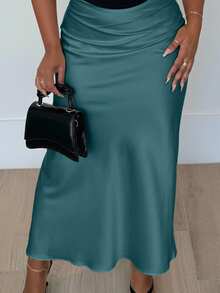 Alexandranx Women's Elegant Solid Color High Waist Skirt, Suitable For Commuting - Cadet Blue - View 3