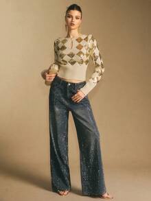 Poéselle Women's Sewater Sequin Knit Sweater – Sparkly Gold Check Slim-Fit Pullover For Womensequin Sweater Women Argyle Knit Top Sparkly Holiday Sweater Metallic Knitwear Festive Party Glitter Fashion Fashionable Commuter Beaded Slim Fit Knit Sweater Women's Winter Sweaters Winter Valentine's Day Christmas Party New Year Glitter Top Sparkly Top