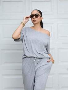 Melissa Matos Conjunto de dos piezas de camiseta sin hombros y pantalones anchos de chándal minimalista, para uso diario, salir y hacer deporte, cómodo estilo urbano de verano para mujeres - Gris - Ver 1