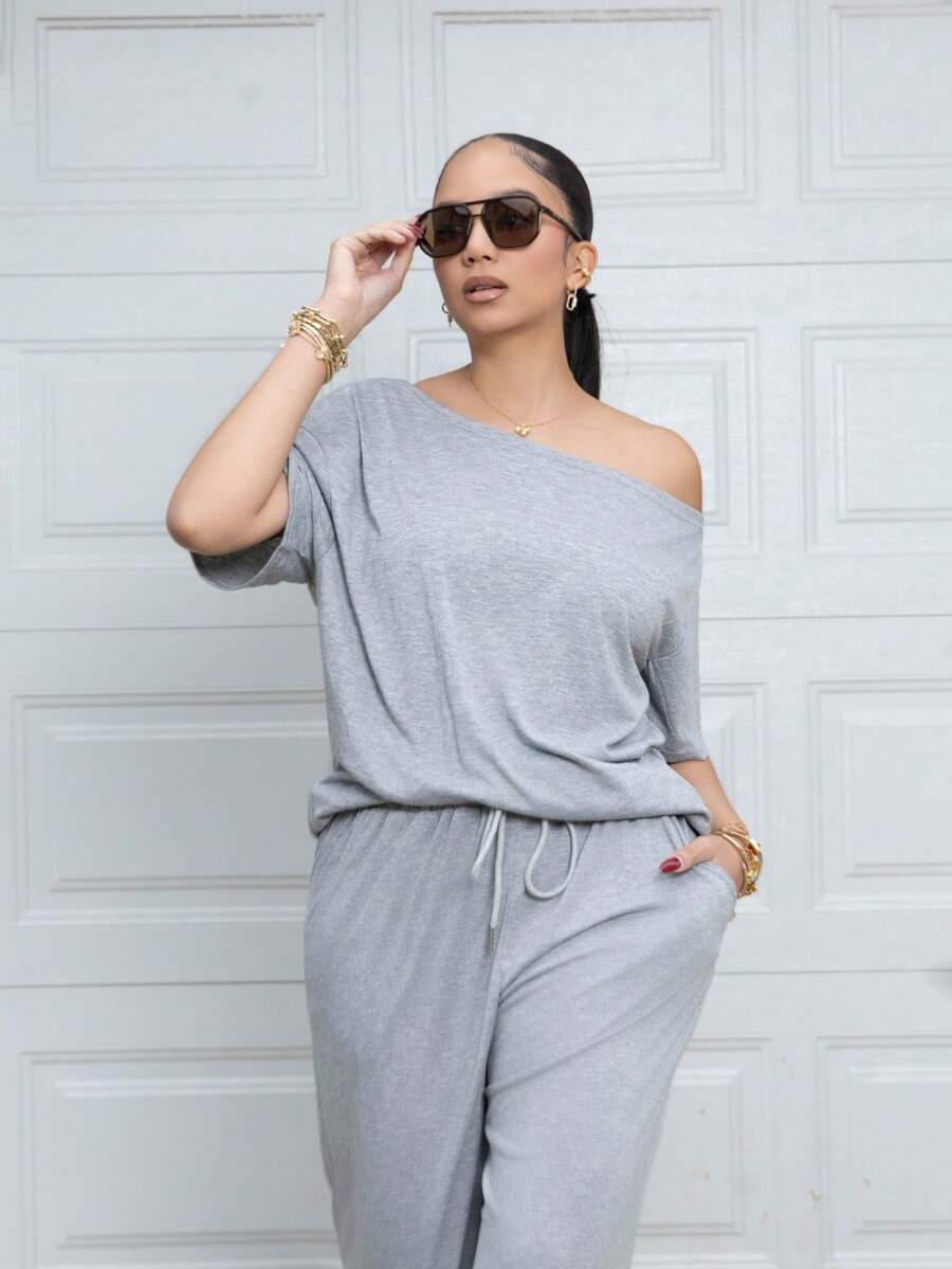 Melissa Matos Conjunto de dos piezas de camiseta sin hombros y pantalones anchos de chándal minimalista, para uso diario, salir y hacer deporte, cómodo estilo urbano de verano para mujeres - Gris - Ver 1