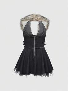 ROMWE Grunge Punk Y2K Distressed Washed Color Cold Shoulder Ruffle Hem Detachable Faux Fur Collar Super Short Denim Dress, Black - Black - View 2