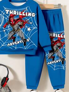 SHEIN Set de 2 piezas de sudadera y pantalones holgados con estampado de araña cómodos y cálidos para niños pequeños, adecuado para el verano - Multicolor - Ver 5