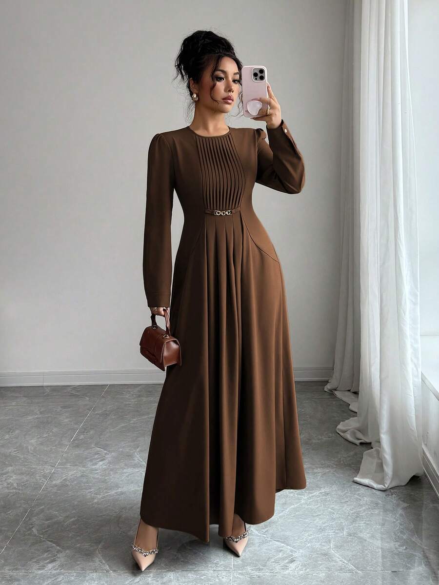 Elenzga Đầm dài tay xếp ly eo thanh lịch cho nữ - màu nâu - Xem 1