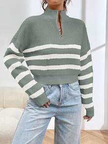 SHEIN Unity Suéter holgado de manga larga con cuello alto, media cremallera y patrón de rayas para mujer - Multicolor - Ver 5