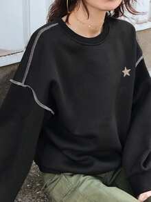 FRIFUL 女士撞色滚边五角星图案圆领长袖上衣 - 黑色 - 查看 8