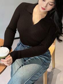 Dazy Plus Solid Color V-Neck Elastic Fitted Long Sleeve Burgundy Pullover Sweater - Chocolate Brown - View 4