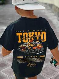 Young Boy Casual Simple Loose Comfortable English Letter, Car, Retro, Cartoon, Street Style, Sports Style Short Sleeve Round Neck T-Shirt, Suitable For Summer