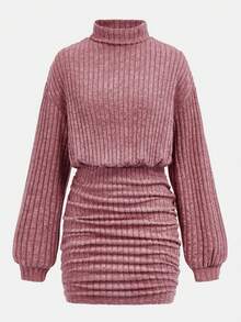 SHEIN Girlism Teen Girls' Pink Ribbed Turtleneck Loose Waist Snug Fit Hip Ruched Snug Fit Casual Elegant Retro Versatile Long Sleeve Mini Dress - Pink - View 5