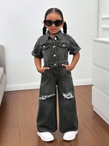 SHEIN 年轻女孩蓝色牛仔破洞衬衫式连体裤，酷炫街头造型 - 黑色 - 查看 5