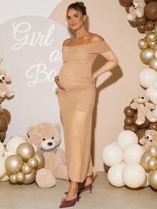 Loomaby Elegant Off-Shoulder Long Maternity Dress For Party, Beige Two Piece Sets,Pregnancy Photoshoot Dress,Babyshower,White,Autumn Maternity Dress - Apricot - View 6