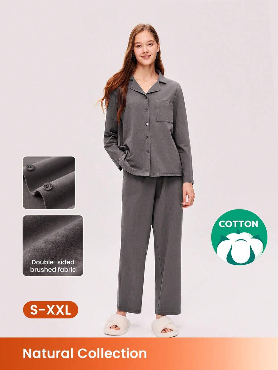 LUVLETTE 灰色柔软磨毛棉基本款睡衣套装 女士家居服套装 女士睡裤套装 带口袋 秋季睡衣 - 深灰色 - 查看 1