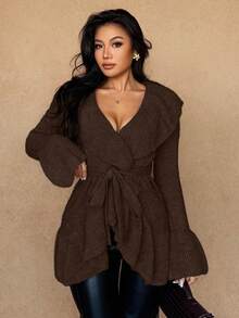 Rafferiza Women's Basic Minimalist Elegant French Fashion Romantic Tie Front Cardigan Brown Cardigan  Brown Sweater - Coffee Brown - View 4