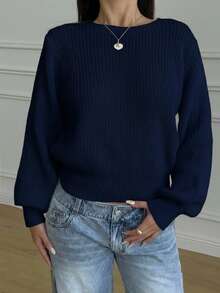 SHEIN Teen Girls' Crew Neck Puff Sleeve Short Basic Sweater, Navy Blue - Navy Blue - View 1