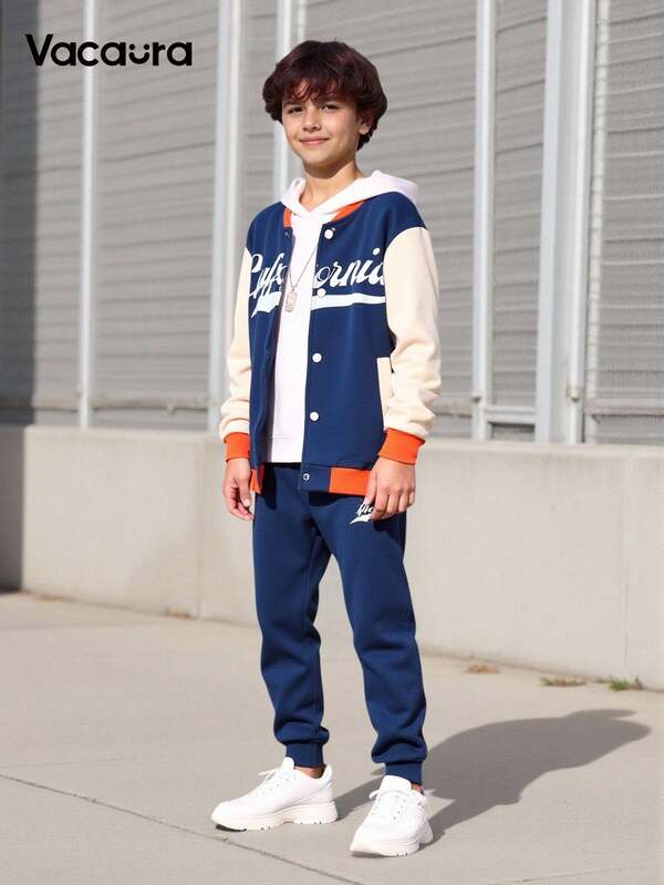 SHEIN Boys' Blue Letter Print Baseball Jacket And Blue Sweatpants Casual Outfit
