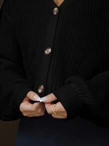 SAYEHFBABY Solid Drop Shoulder Button Up Crop Cardigan,Long Sleeve Tops,Knitted Sweater In Fall/Winter - Black - View 3